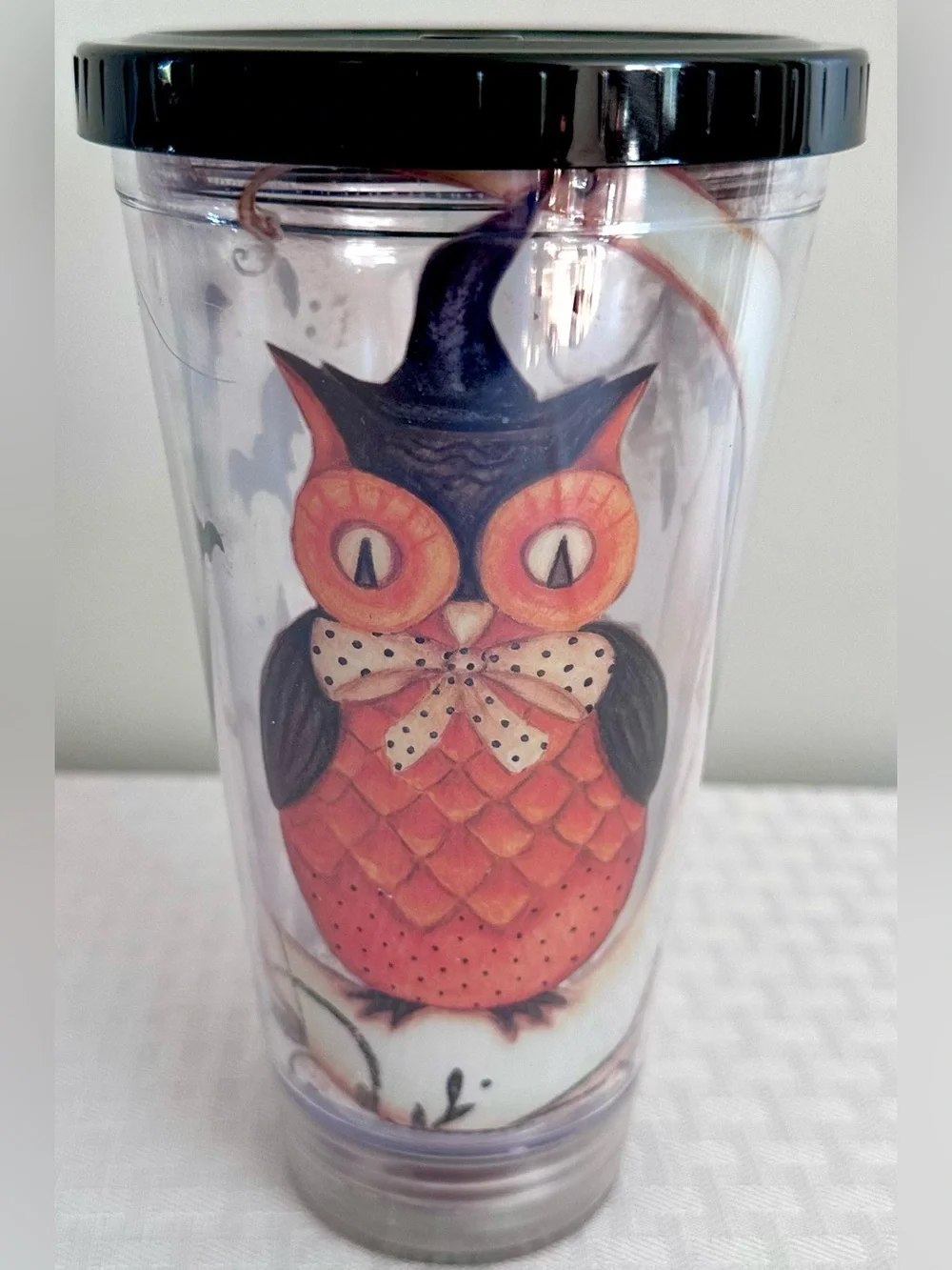 Boston Warehouse Halloween Owl Light Up Tumbler Cup Black Lid Bats Witch 7.25”